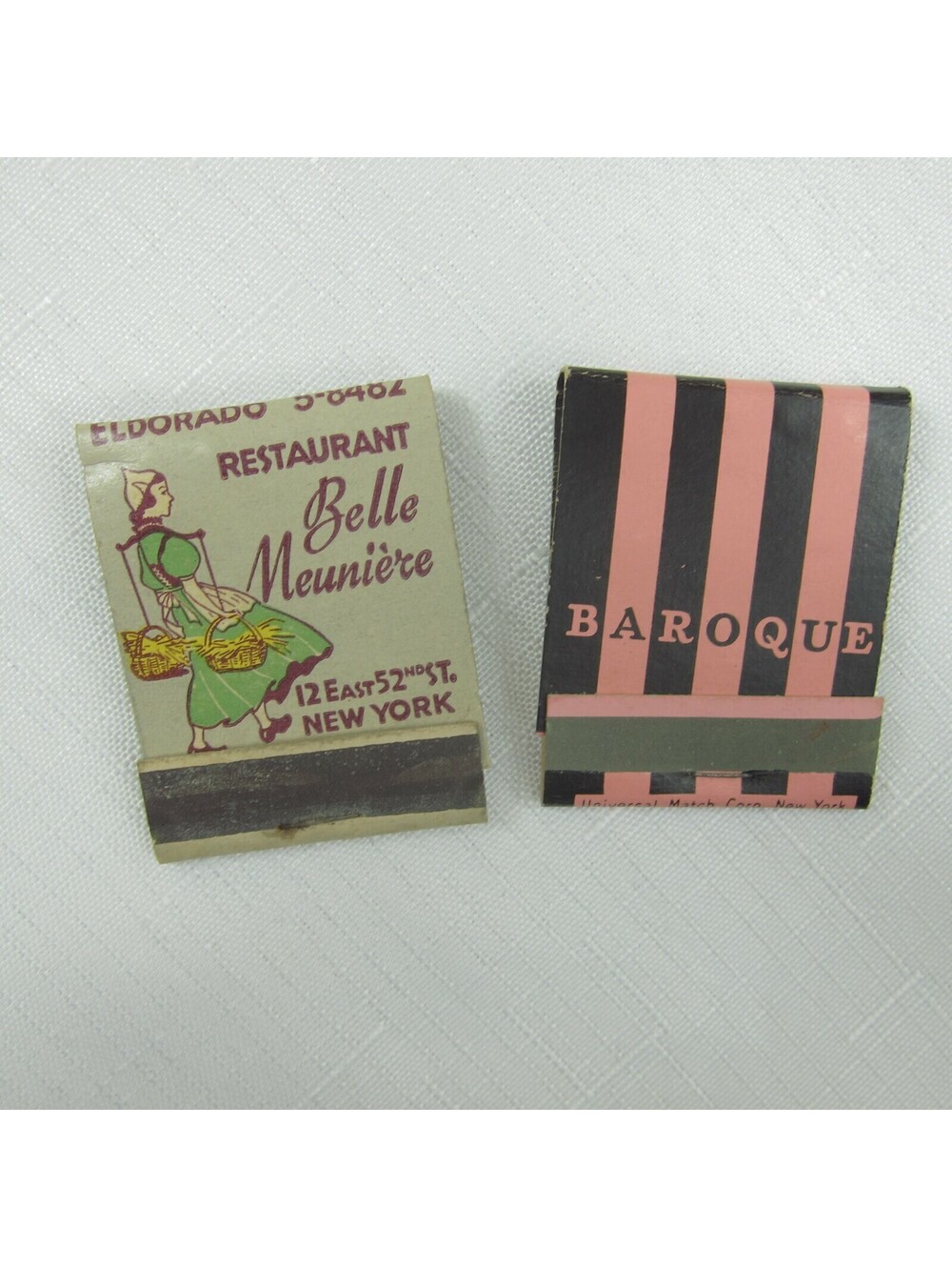 2 Vintage Matchbooks Belle Meuniere & Baroque Restaurant New York City, New York